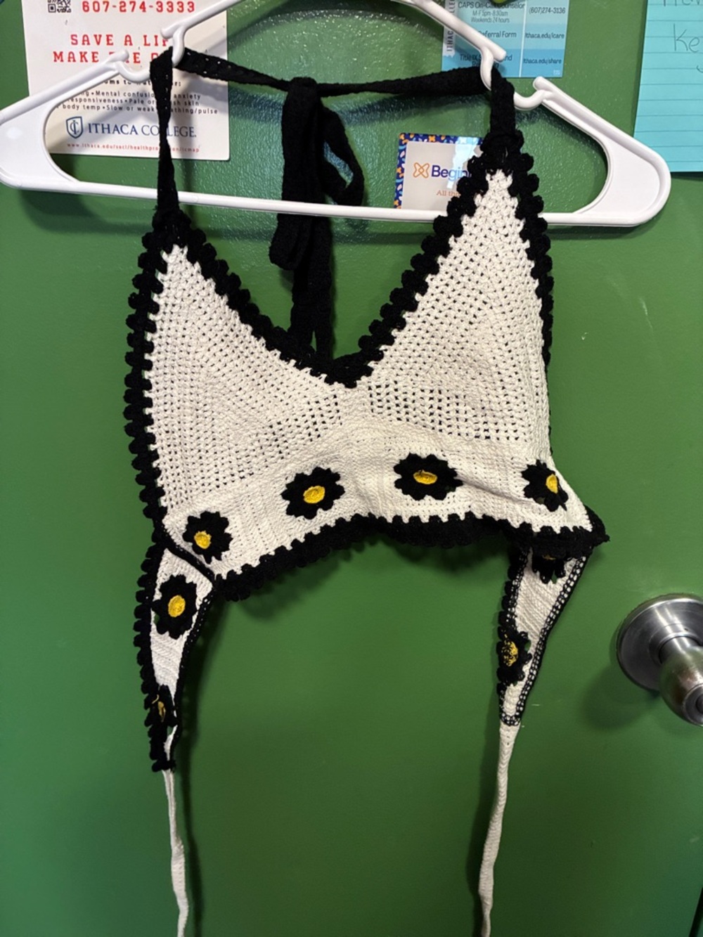 Crochet Daisy Halter Top - White & Black with Yellow Accents